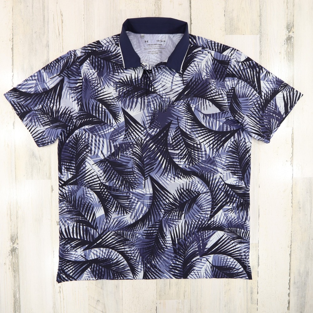 Under Armour Iso Chill Shirt Mens Large Blue Palm Nylon Blend Stretch Polo
